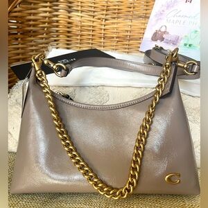 NWT Coach Juliet Glazed Leather Shoulder Bag with Gold Chain in colour Ash